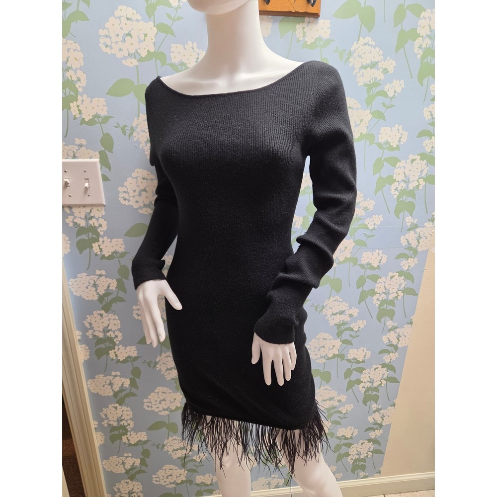 Lovers + Friends Black Ribbed Knit Feather Trim Long Sleeve Mini Dress Small